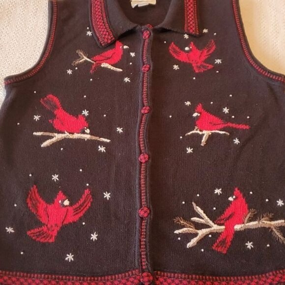 Christopher & Banks Hand Embroidered Red Cardinals Zip Sz S Vest - Picture 8 of 8